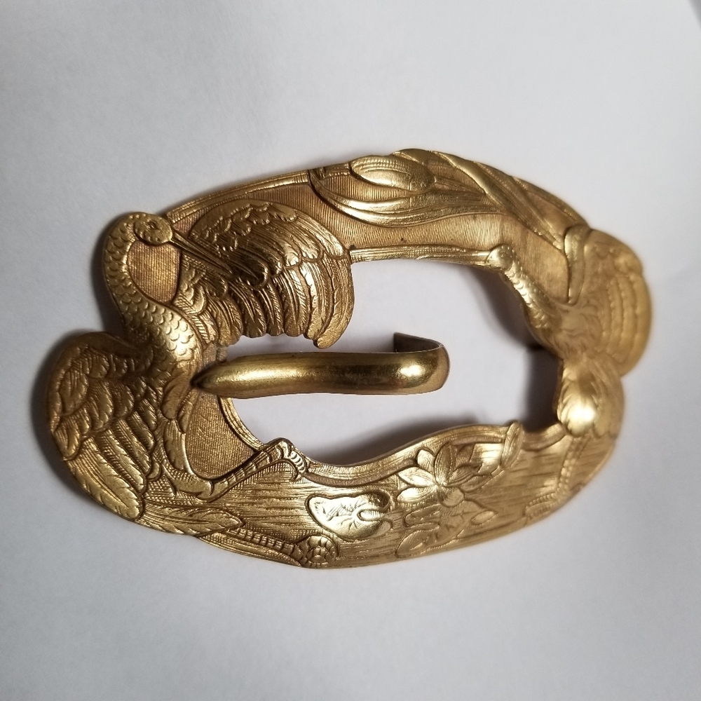 Relisted -Antique Edwardian crane lily pad sash brooch pin nouveau gold tone - Picture 7 of 17